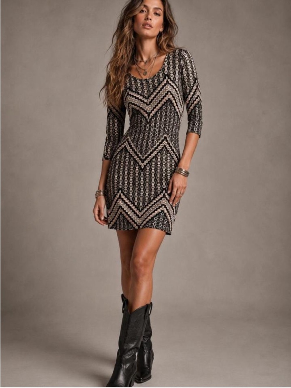 living doll Longsleeve scoop Neck Black Tan Chevron Paisley Mini Dress
